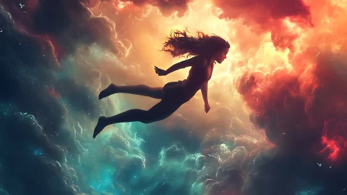 Dreamer drifting through glowing clouds of cosmic color.