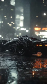 Futuristic black supercar idles under neon rain at night.