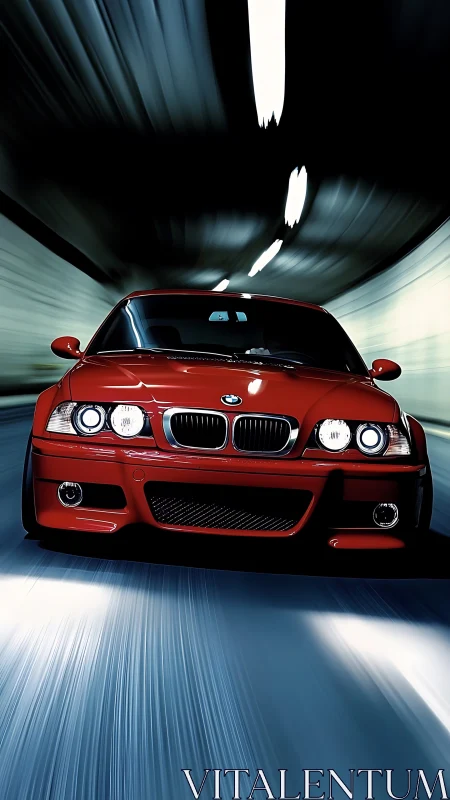 Red BMW coupe is shown front-on driving through tunnel