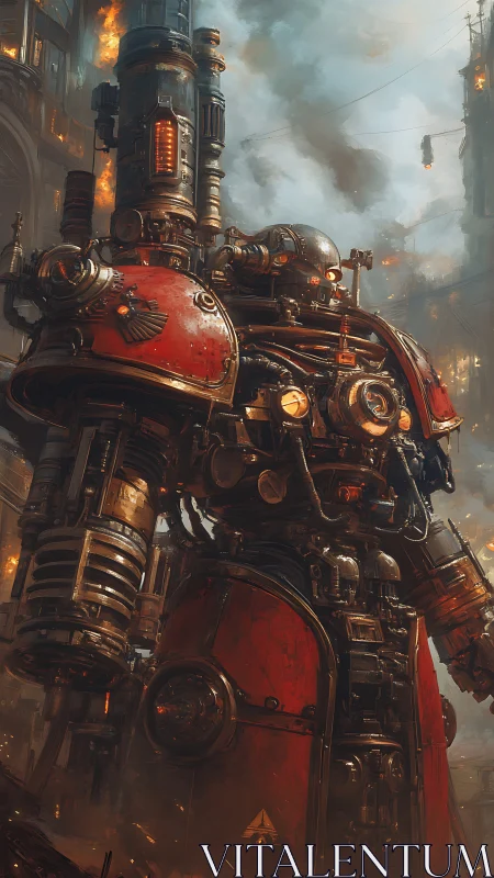 Armored mech titan dominates burning industrial megacity skyline