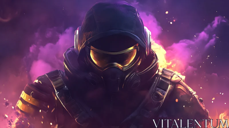 Hooded tactical figure with gas mask amid colored smoke.