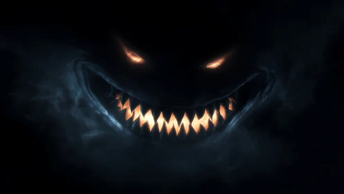 Glowing eyes and teeth forming a dark abstract creature face.