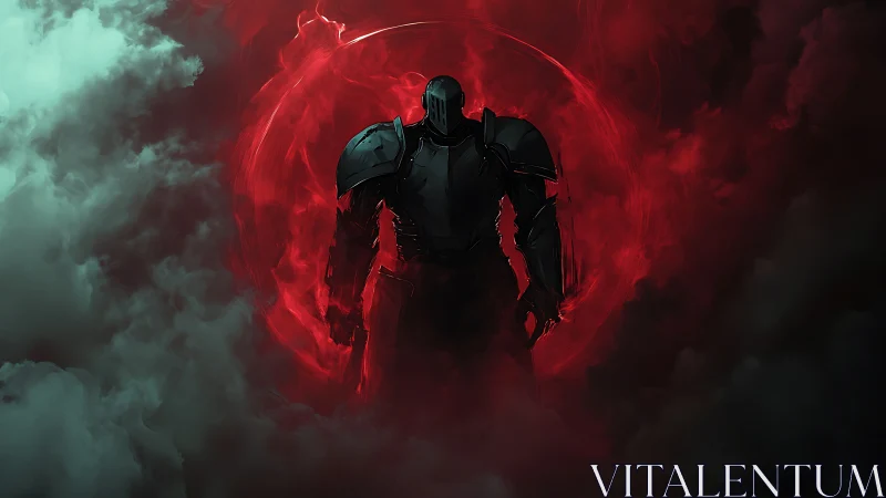 Dark armored warrior emerging from glowing crimson storm.