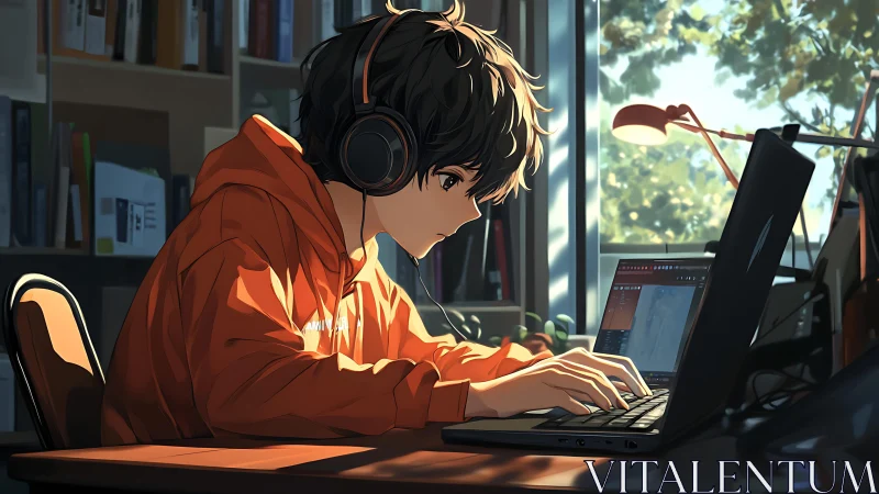 Focused student using laptop in daylight interior, warm rim lighting