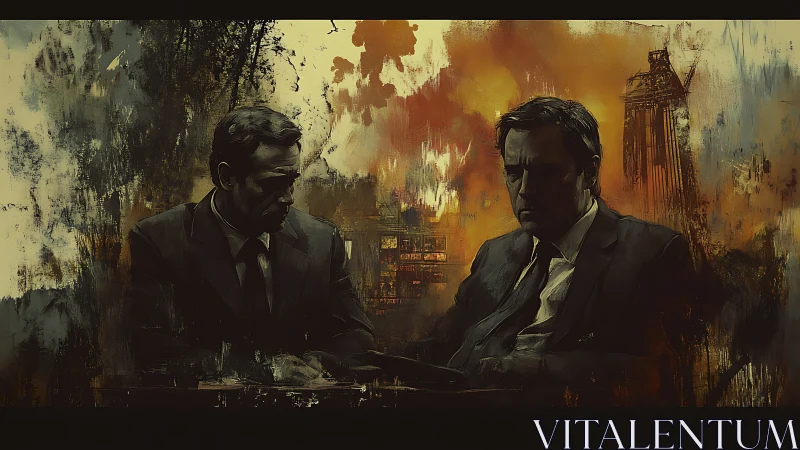 Two suited men at table before abstract urban backdrop.