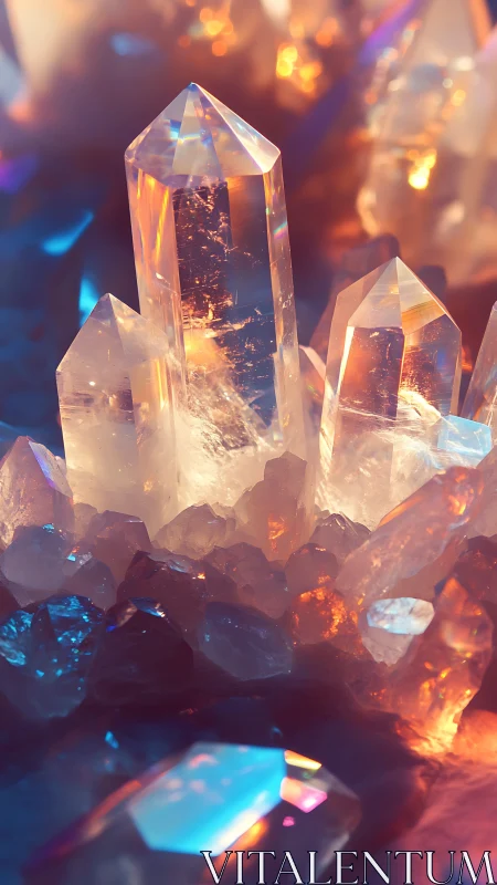 Prismatic crystal spires drink firelight and spill neon dusk