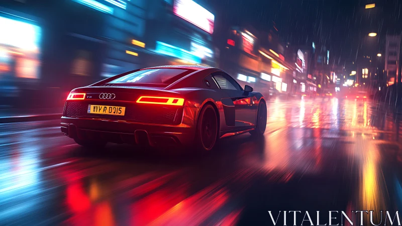 Sleek sports car gliding through a neon soaked rainy city street.