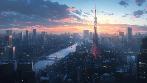 Tokyo tower glows over a misty river city at sunrise