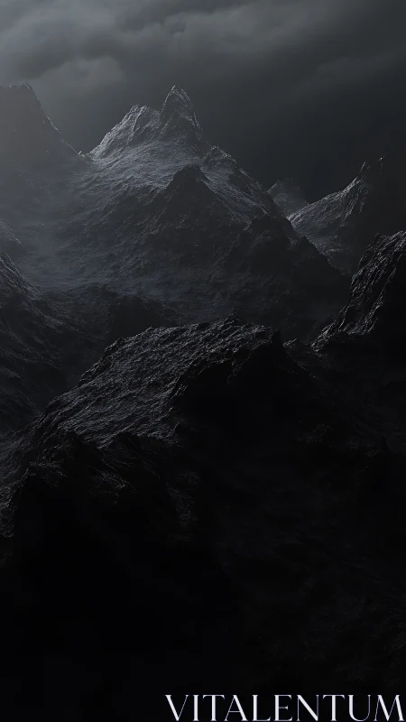 Stormlit obsidian peaks under brooding midnight clouds.