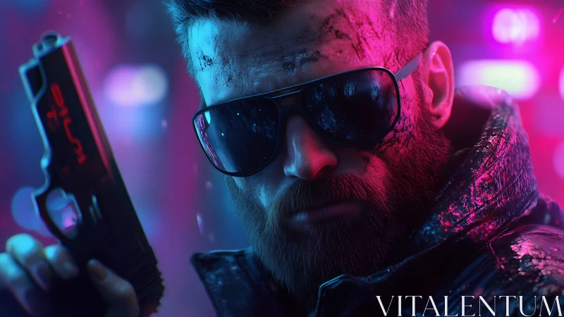 Neon-lit cyber assassin in reflective visor and pistol grip.