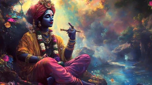 Seated blue-skinned figure plays flute beside luminous river