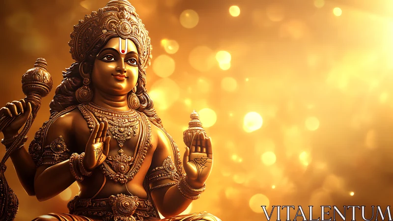 Golden deity statue bathes in radiant celestial glow of light.
