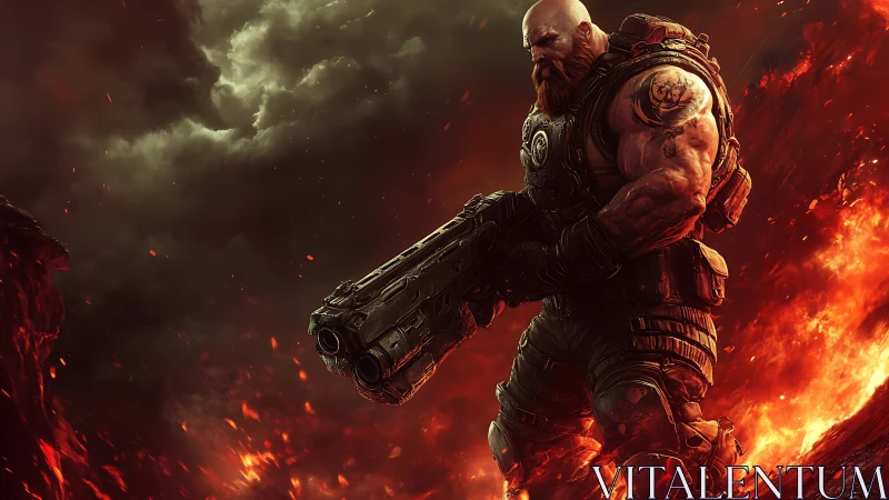 Armored space marine advances through erupting lava battlefield