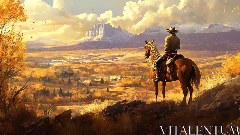 Cowboy on horseback quietly surveys a golden autumn valley