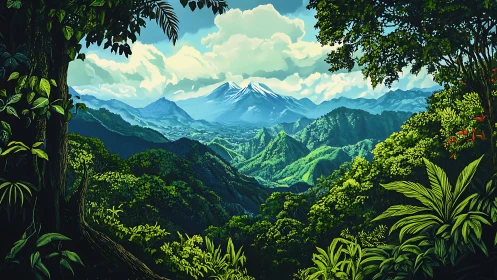 Layered Mountain Landscape with Volanic Peak in Digital Painterly Composition