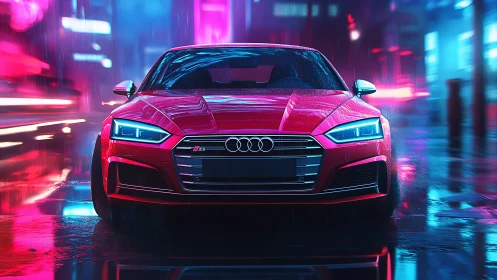 Red sports sedan under neon city rain at night.