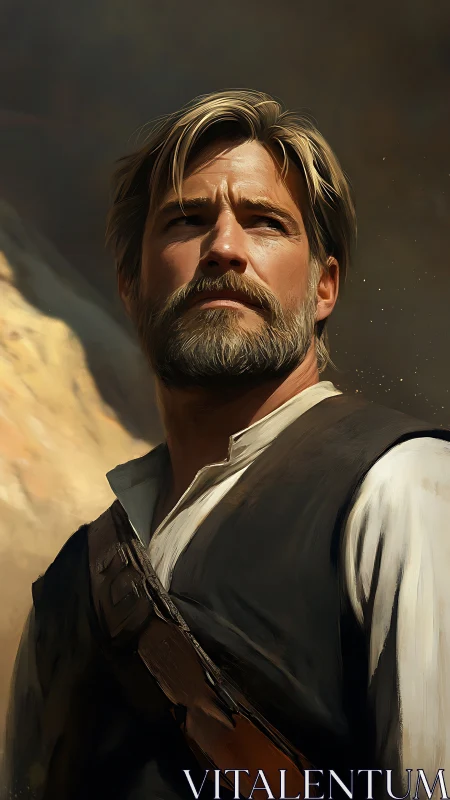 Sunlit wanderer studies distant horizons with quiet resolve