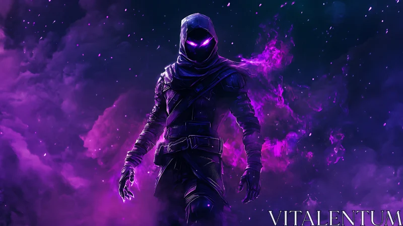 Hooded void assassin emerges through luminous violet nebula.