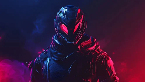 Neon armored sentinel stands bold in glowing cyber night