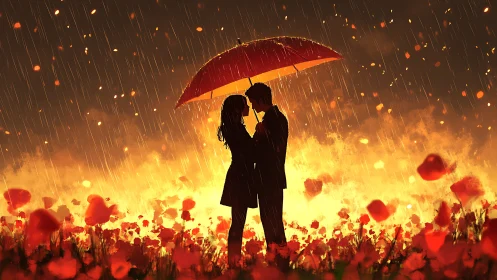 Silhouetted Couple Under Red Umbrella in Fiery Bloom Field.