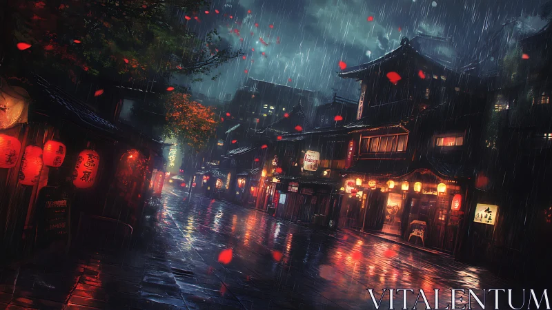 Rainy lantern street in traditional night market scene.