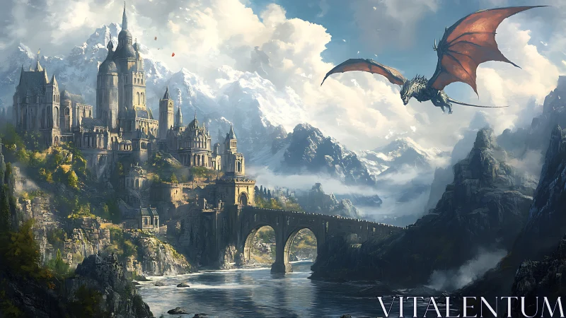 Majestic mountain fortress with soaring crimson dragon guardian.