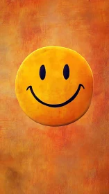 Bold yellow smiley on textured orange abstract field.