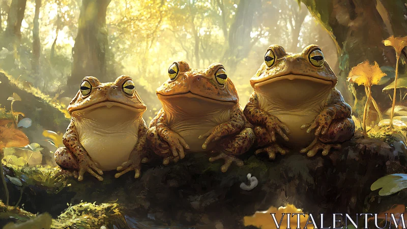 Digital painting of three forest toads in warm backlit clearing.