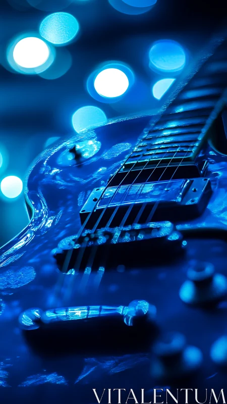 Electric guitar close-up in cool blue stage lighting.