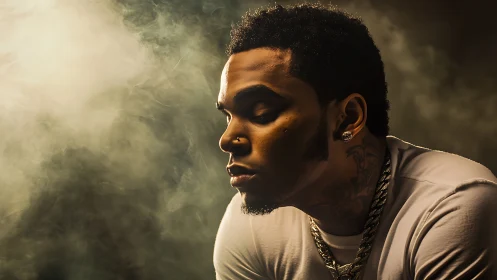 Pensive young man in smoky studio with dramatic side light