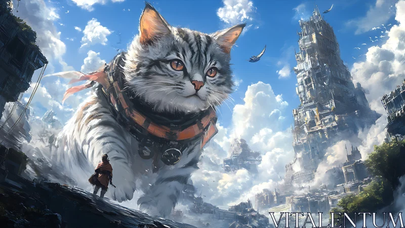 Anthropomorphic Colossal Feline Character in Post-Apocalyptic Urban Environment