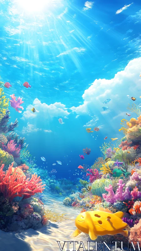 Sunlit coral canyon and drifting toy turtle in dreamy seas.