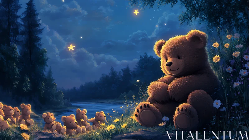 Moonlit teddy bear gathering under glowing firefly skies.