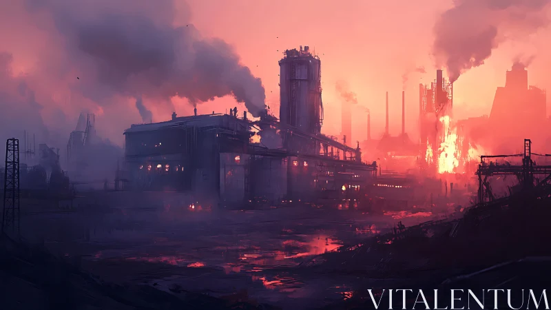 Burning industrial complex under toxic crimson sky