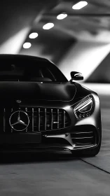 Low-key monochrome study of Mercedes front fascia in tunnel