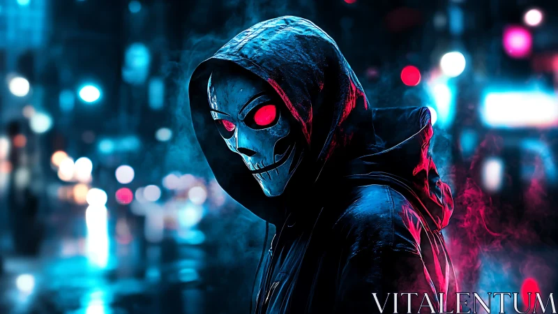 Neon hooded reaper strolling through a moody cyber city.