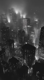 Foggy monochrome city skyscrapers at night, top view.