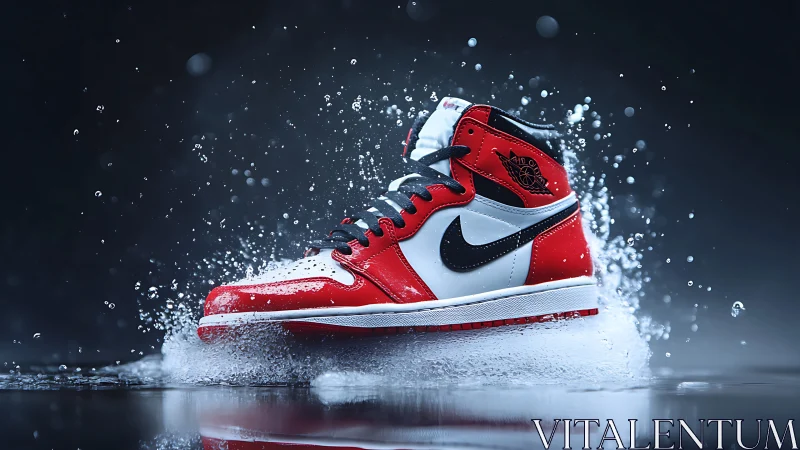 Red and white high-top sneaker splashes through water dramatically.
