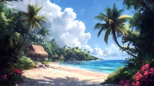 Tropical Beach Sanctuary with Thatched Shelter and Palm Framing