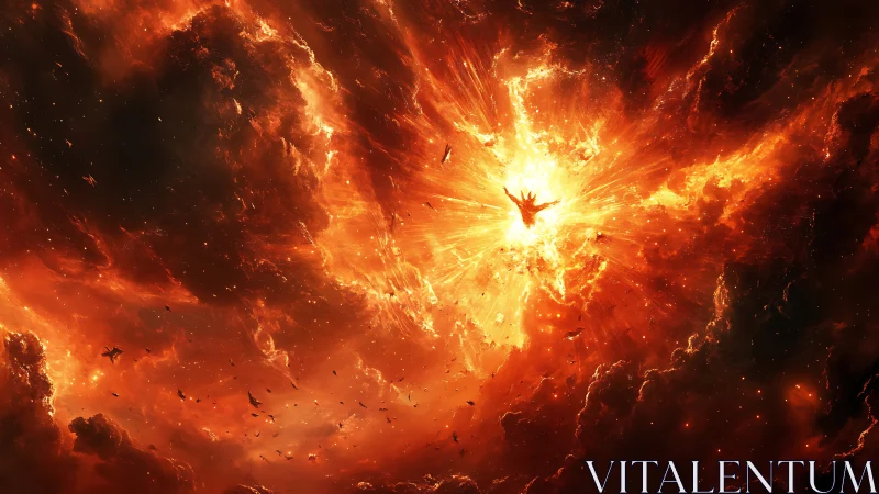 Celestial firestorm engulfs a falling angelic figure in space.