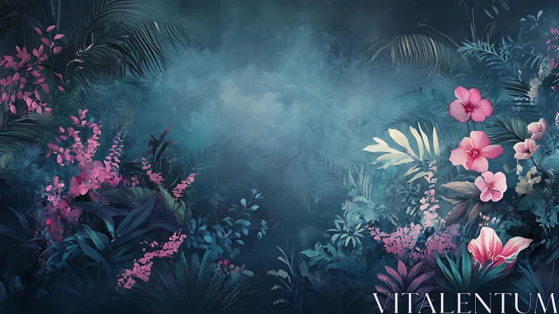 Bioluminescent Jungle Flora with Magenta Blooms Composition