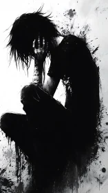 Monochrome digital figure curled in expressive despair.