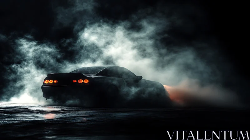 Sports car drifts on wet asphalt and disperses dense smoke
