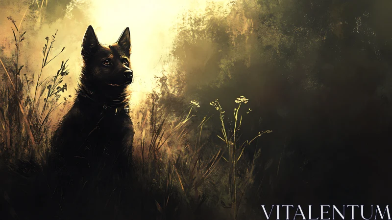 Backlit canine sentinel in atmospheric meadow chiaroscuro.
