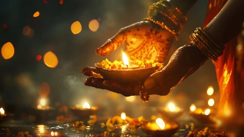 Diwali oil lamp held in henna hands, warm golden bokeh glow.