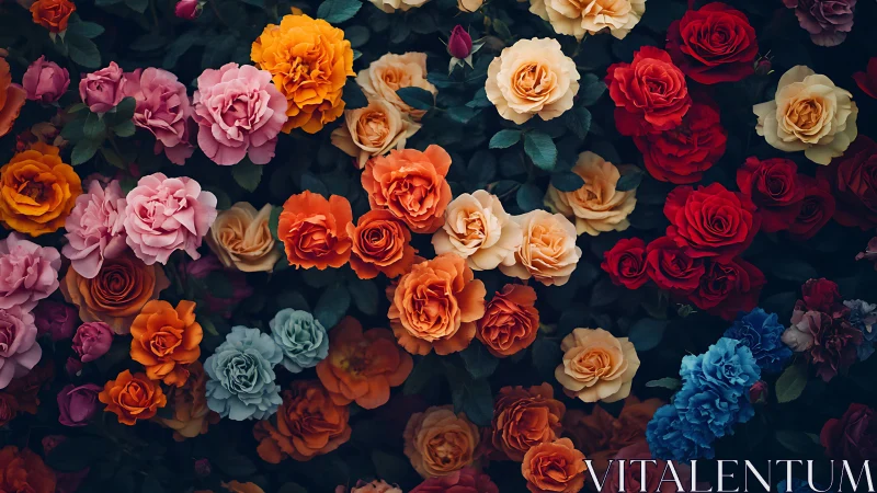 Overhead view of flowering roses in multiple color variations.