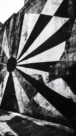 Bold black sunburst mural on weathered concrete wall.