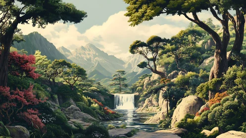 Secret waterfall valley dreaming beneath painted mountains.