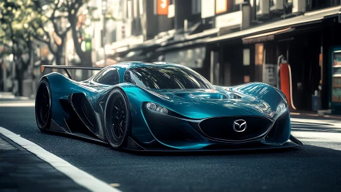 Mazda hypercar concept gliding through sunlit city streets.