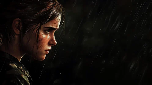 Rain-soaked girl forged in shadow and stormlit resolve.